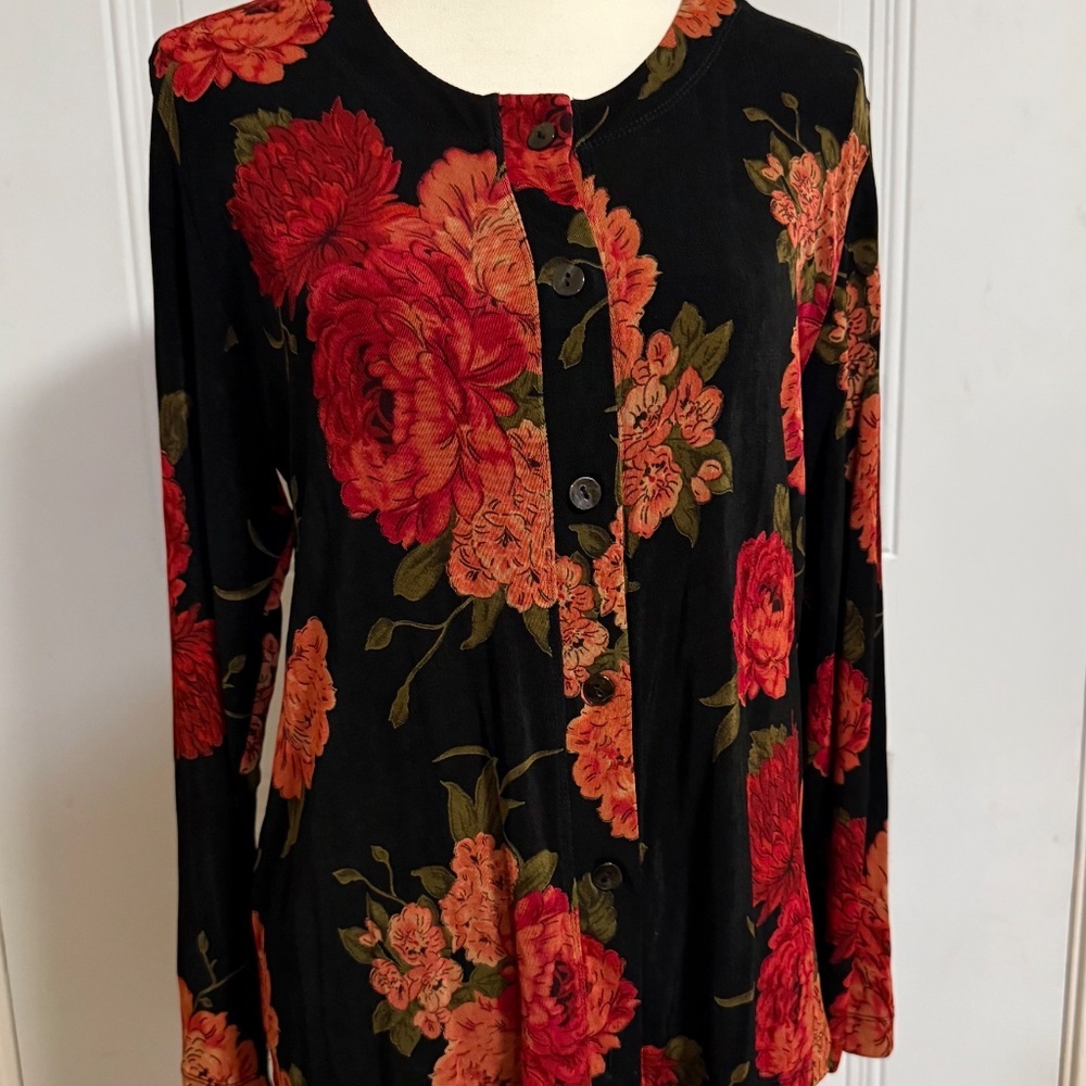 Chico's Button Up Top SZ 2 Floral Office Professional Stretchy Sedona Museum EUC